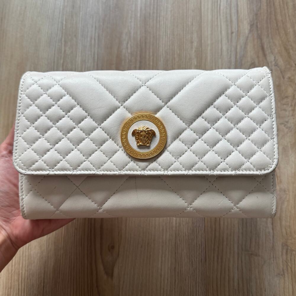 Versace Off White Quilted Leather La Medusa Gold Chain Clutch